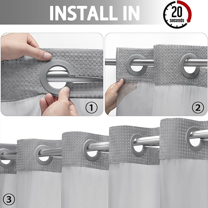 YellyHommy No Hook Shower Curtain with Snap in Liner Set Less Time Grey Waffle Shower Curtain for Bathroom 75" L x 72" W Gray