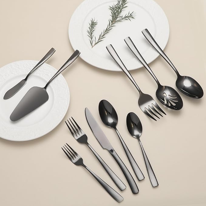 Large Hostess Serving Utensils Set, Stainless Steel Heavy Duty Serving spoons, Slotted Spoons, Serving Fork, Cake Server, Butter Knife, Dishwasher Safe (Black)