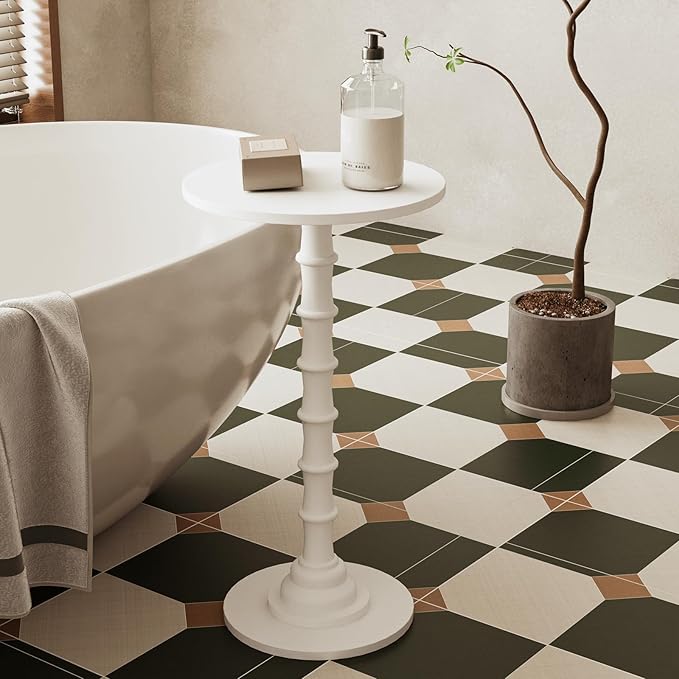 Round Side Table, Modern Drink Table for Small Spaces, Small End Table with Solid Wood Leg for Living Room, Bedroom, Corners, and Office (White)