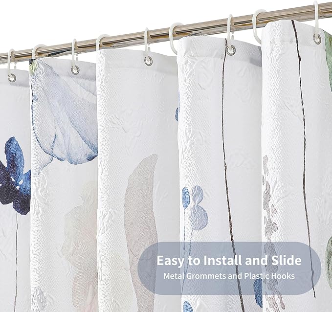 QiyI Watercolor Wildflowers Shower Curtain, Minimalist Grey Poppies Cloth Bath Curtain, Embossed Butterflies Botanical Flower Bathroom Curtain, Waterproof Fabric Shower Curtain Set with Hooks, 72x72