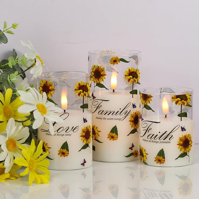 DRomance Sunflower Glass Flameless Candles Battery Operated with Remote and Timer LED Flickering Pillar Candles Real Wax 3D Wick Dinner Holiday Decor 3 x 4, 5, 6 Inches