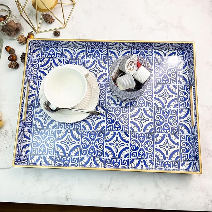 Serving Tray with Handles, Rectangular Decorative Trays for Coffee Table, Plastic Ottoman Tray for Living Room, Decor, Boho Blue, 15.7”*11.8”*1.6"