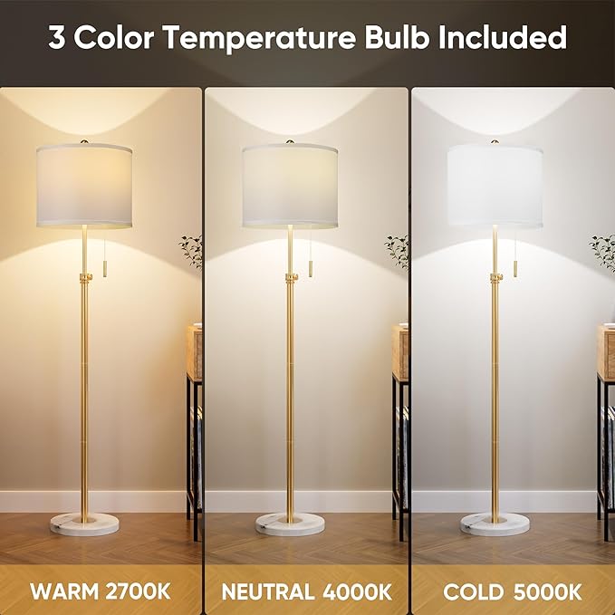 PARTPHONER Floor Lamp for Living Room, 66'' Adjustable Height Standing Lamp with Marble Base, 3-Color Tall Lamps with Pull Chain, Suitable for Bedroom, Reading, Office (Bulb Included, White Shade)