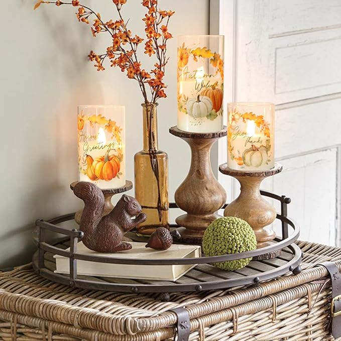 Glass Flameless Candles Flickering Battery Operated with Remote Pumpkin Theme Farm House Realistic Pillar Candle for Fall Decor Havest Celebration Home Party, Set of 3