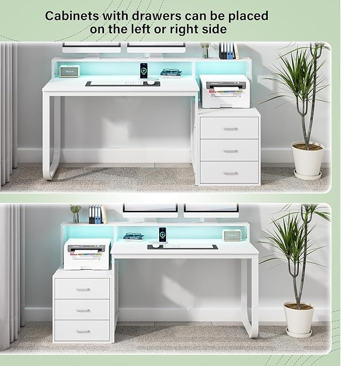 HOMBCK 67" Computer Desk with 3 Drawers, Home Office Desk with Long Monitor Stand and Printer Space, Office Desk with Storage & LED Lights, Writing Desk with Drawers, White