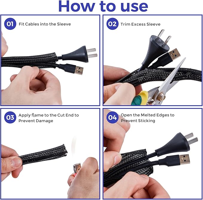 Cable Management Sleeves 1in - 2 Pack 6.6ft Split Braided Sleeve Black, Protectors From Pets, Wire Organizers, Flexible Wrap for Computer Cord Management