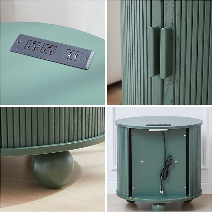 AVZEAR 24" Large Round End Table with Charging Station, Farmhouse Fluted Sofa Side Table with Sliding Tambour Door & Storage, Mid-Century Wood Nightstand for Living Room, Bedroom, Green