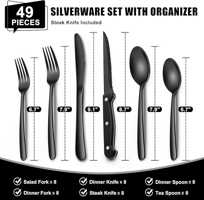 49-Piece Black Silverware Set with Organizer, Heavy Duty Stainless Steel Black Flatware for 8, Cutlery Utensil Sets with Steak Knives, Rust-proof, Mirror Polished, Dishwasher Safe