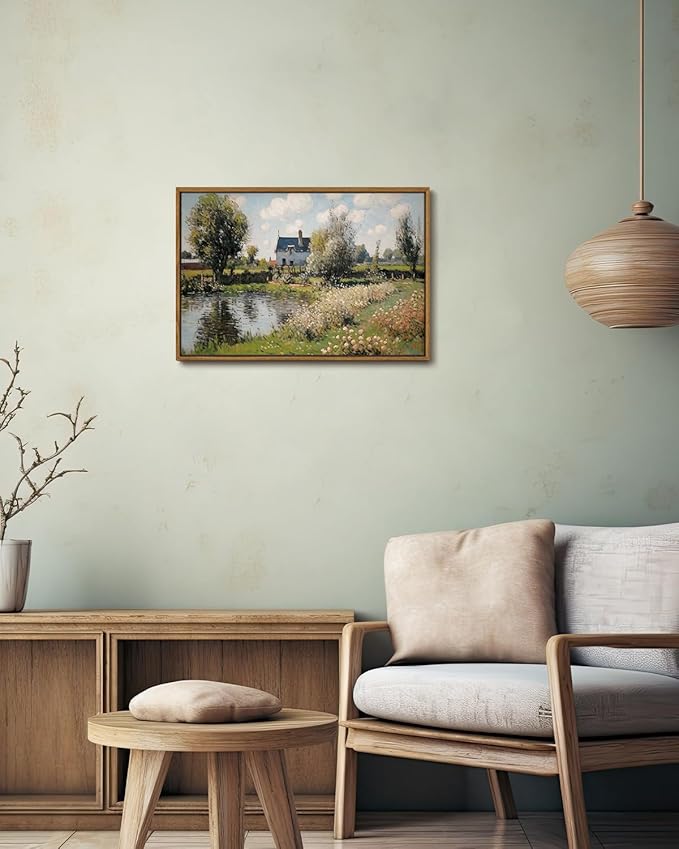 KISSFOX Vintage Landscape Framed Wall Art Impressionist Countryside River House Canvas Art Natural Cottagecore Paintings Artwork Rustic Art Prints For Bedroom Bathroom Living Room