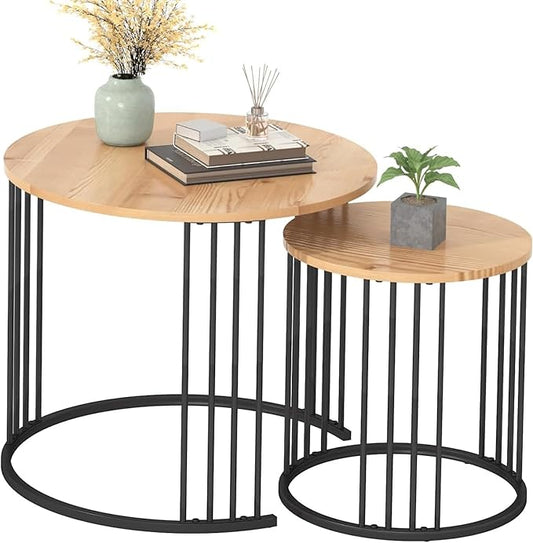 YORKING Nesting Coffee Table Set of 2, Round Table Set, Morden End Side Night Stand for Bedroom Dining Room （Wood）