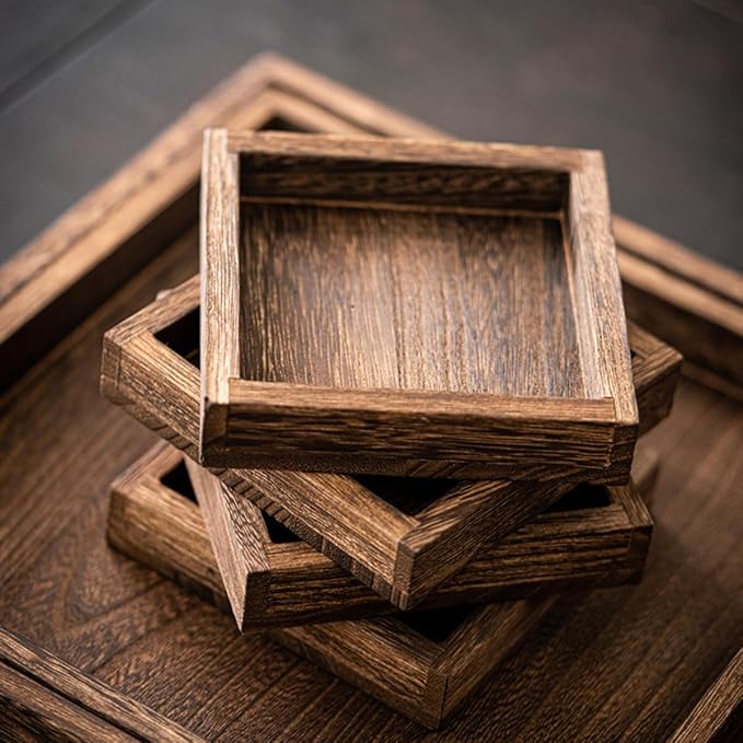 Rustic Wooden Serving Trays with Handle, Serving Platters, Charcuterie Board Set of 5 Nesting Food Trays for Serving Food, Home Decor/Breakfast/Coffee Table/Butler/Ottoman/Bed Tray