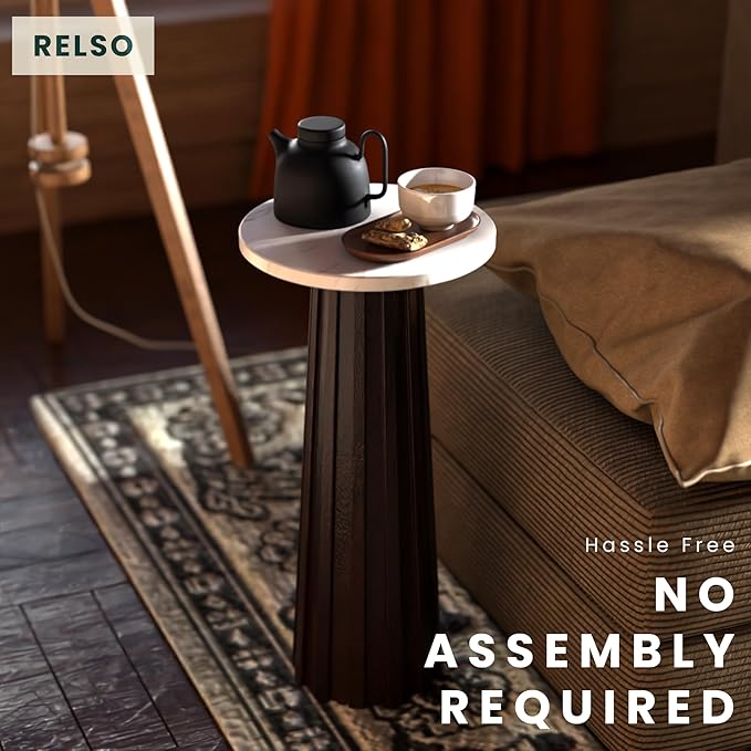 Relso Ma'gro Drink Table – Solid Mango Wood Fluted Base with Real White Marble Top | Farmhouse Accent Side Table for Boho Decor, Bedside, Entryway, Plant Stand, Night Stand & Small Living Spaces