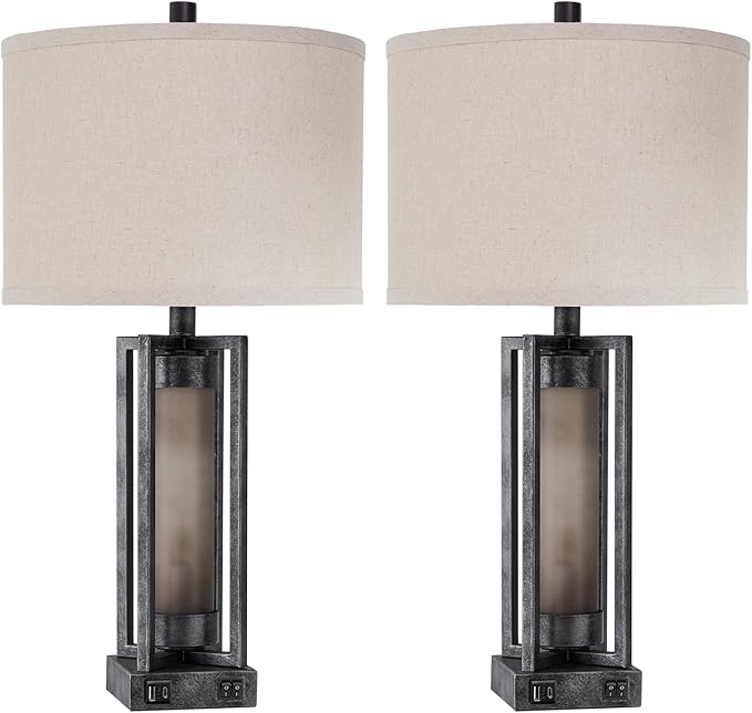 RORIANO Set of 2 Industrial Table Lamps for Living Room with USB C+A, Vintage End Table Lamp for Bedroom with Gray Nightlight, Farmhouse Rustic Desk Lamp for Bedside, 4 Bulbs Included (Iron Gray)