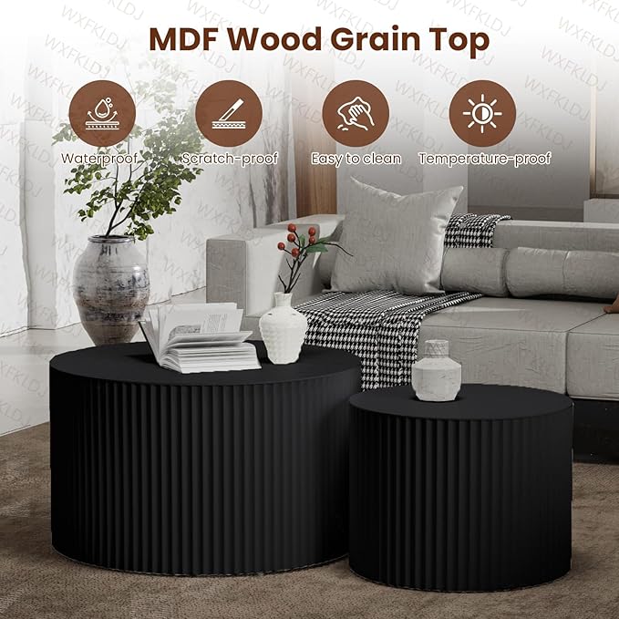 Nesting Coffee Table Set of 2 Modern Round Coffee Table with Non-Slip Feet Wood Drum Circle Accent Tables End Table Set for Living Room Bedroom Office (Black Round Set)