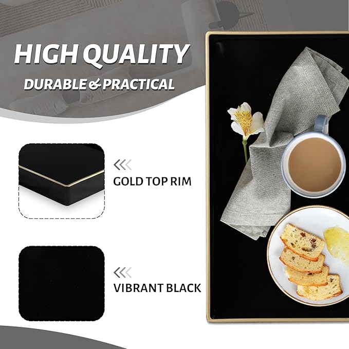 MAONAME Decorative Tray, Black Serving Tray with Handles, Coffee Table Trays, Square Plastic Trays for Ottoman, Bathroom, Kitchen, 13"x13"x1.57"