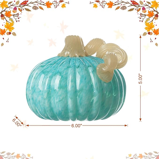 Glitzhome 6" D Round Turquoise Glass Pumpkin,Thanksgiving Glass Pumpkin Fall Pumpkin Glass Blown Pumpkin Table Decor Harvest Glass Pumpkin Figurine Glass Crafts for Fall Thanksgiving Halloween Decor