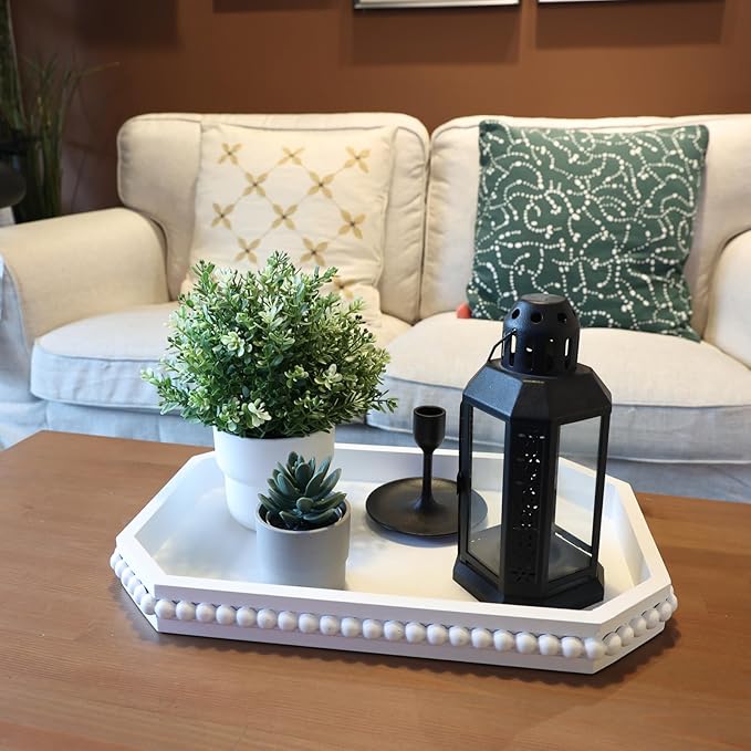 White Wood Serving Tray with Beads, Farmhouse Decorative Tray for Table Centerpiece, Christmas Wedding Halloween Home Decor