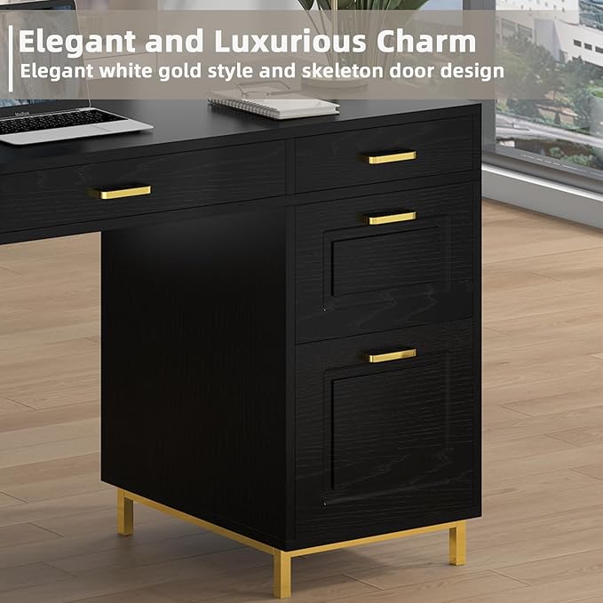 Black Computer Desk with 7 Drawers, 57 Inch Home Office Desk with File Drawers, Wood Modern Desk with Storage for Bedroom, Executive Desk with Golden Legs and Handles, Black and Gold
