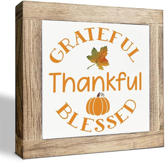 Pumpkin Decors, Grateful Thankful Blessed Signs, Thanksgiving Decors Art, Autumn Home Office Decor, Farmhouse Table Shelf Decoration, Box Sign Wood Desk Sign Decor 5.9X5.9X0.7inches