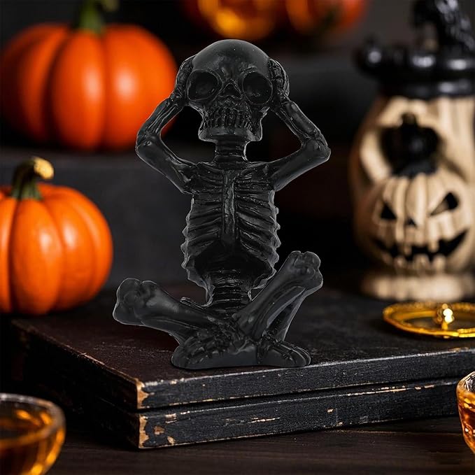 Skull Shelf Decor,Yoga Skeleton Figurine,Halloween Gothic Home Decor,Antique Silver Accent Statue,Collectible Figurines Set of 3(Black)