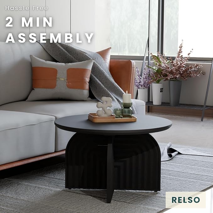 Charon Coffee Table – Solid Mango Wood Round Accent Table, Handcrafted Black Finish – Modern Coffee Table for Living Room, Patio, Bedroom, or Apartment – Compact, Durable, Easy Assembly Design