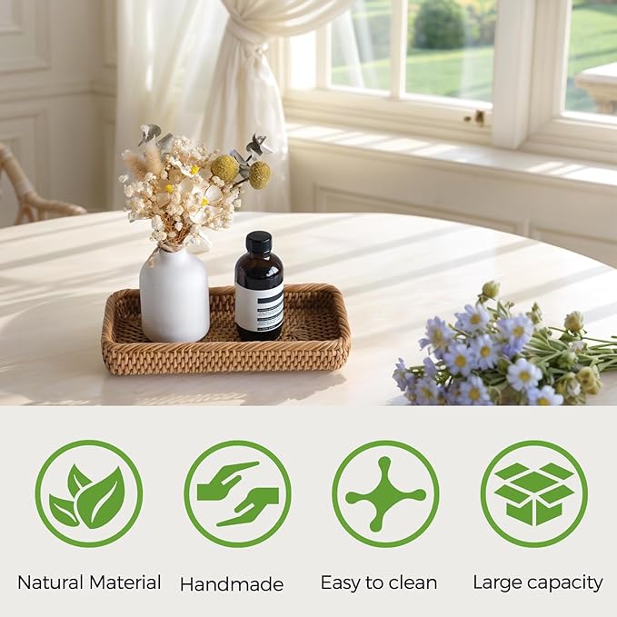 Small Rattan Serving Tray, Natural Wicker Decorative Tray for Trinket Ring Cosmetic, Rectangular Keys Basket Jewelry Perfume Trays for Coffee Table Entryway Living Room(10" × 5.1")