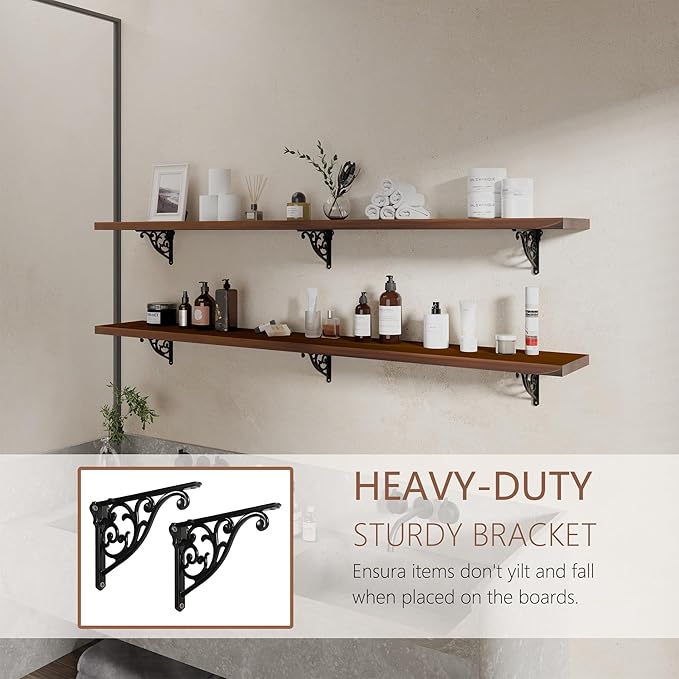 60 inch Long Floating Shelves for Wall,Solid Pine Wood Long Wall Shelves Set of 2,Walnut Color Bookshelf with Retro Iron Brackets for Living Room,Kitchen,Bathroom