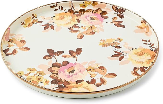 MACKENZIE-CHILDS Enamel Round Tray, Unique Serving Platter for Food and Drinks, Wild Rose White