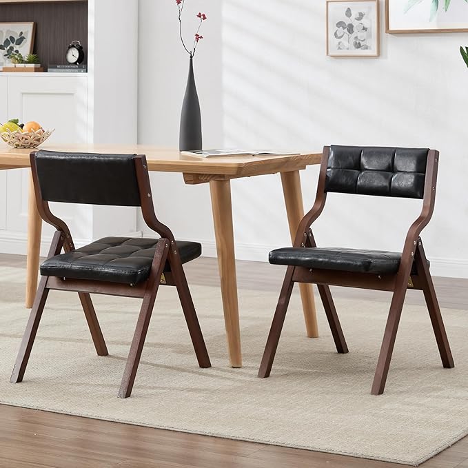 4-Pack Folding Dining Chairs with Cushion,Faux Leather Padded Foldable Dining Chairs,Portable Wooden Folding Chairs for Dining Rooms Kitchen Wedding and Party Indoor Black