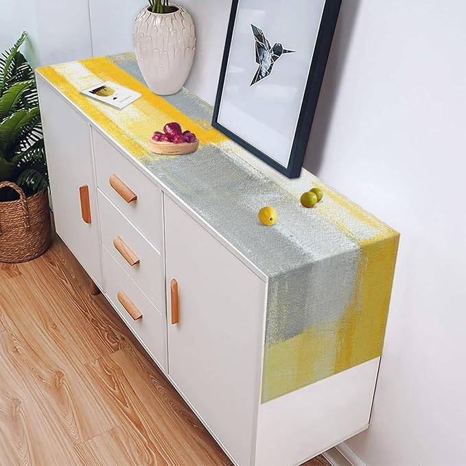 Emvency Yellow Abstract Table Runner, Modern Grey White Art Painting for Kitchen Coffee Table Family Dinners Holiday Parties Wedding Events Decor(13x72 inch)