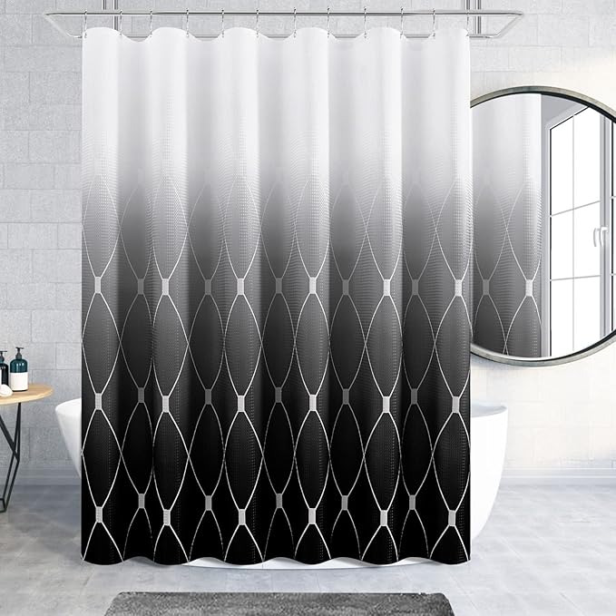 Extra Long Shower Curtain 96 Inch Length for Bathroom, Tall Black and White Ombre Waffle Weave Fabric Shower Curtain Set with Hooks, Bath for Men