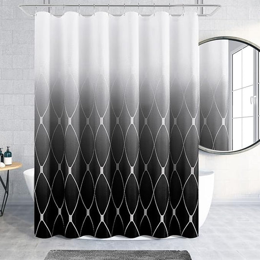 Extra Long Shower Curtain 96 Inch Length for Bathroom, Tall Black and White Ombre Waffle Weave Fabric Shower Curtain Set with Hooks, Bath for Men