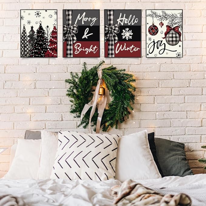 Wheatwin Winter Christmas Decor Wall Art Prints Set of 4, Christmas Tree Wall Decor, Hello Winter Xmas Merry Christmas Decor for Home Bedroom Living Room, 8x10 (Unframed)