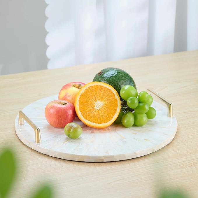 PEMAR Mother of Pearl Decorative Tray, 13" Round Display & Serving Tray with Gold Handles, Vanity/Perfume/Trinket Catchall for Dresser, Bathroom, Vanity Table (White Cream Sunlight Starburst Pattern)