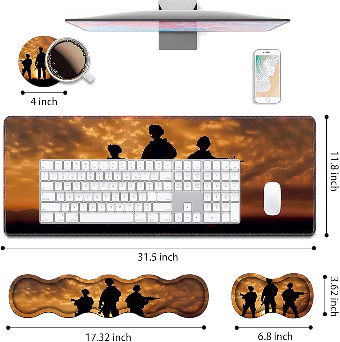 4 in 1 Ergonomic Keyboard Wrist Rest & Mouse Pad Wrist Rest Set, Large XXL Gaming Desk Mat 31.5"x 11.8" with Non-Slip Base, Memory Foam for Home Office Study Gaming, American Soldiers