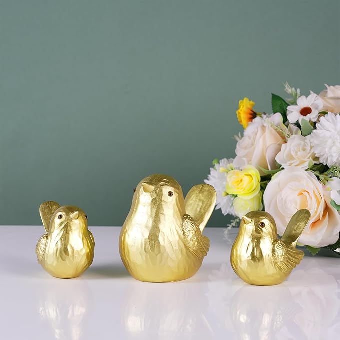 Small Bird Statue Home Decor - Gold Bird Figurines Decorative Ornaments for Living Room, Bedroom, Office Desktop, Cute Country Decor (Gold, 1B & 2S)