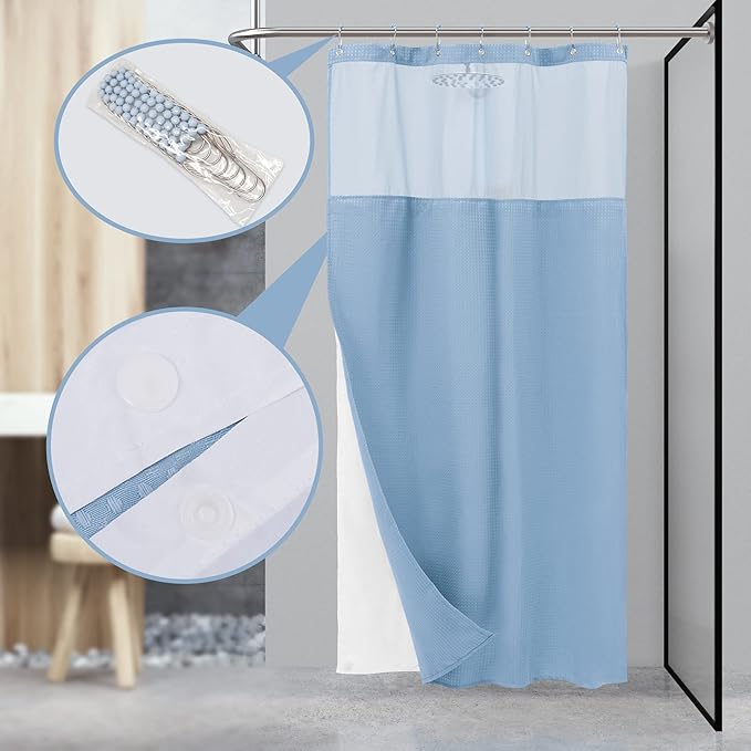 N&Y HOME Stall Waffle Weave Shower Curtain with Snap-in Fabric Liner & Hooks Set - 36" x 72" Small Shower Stall Size, Hotel Style & Mesh Top Window, Machine Washable - 36x72, Blue