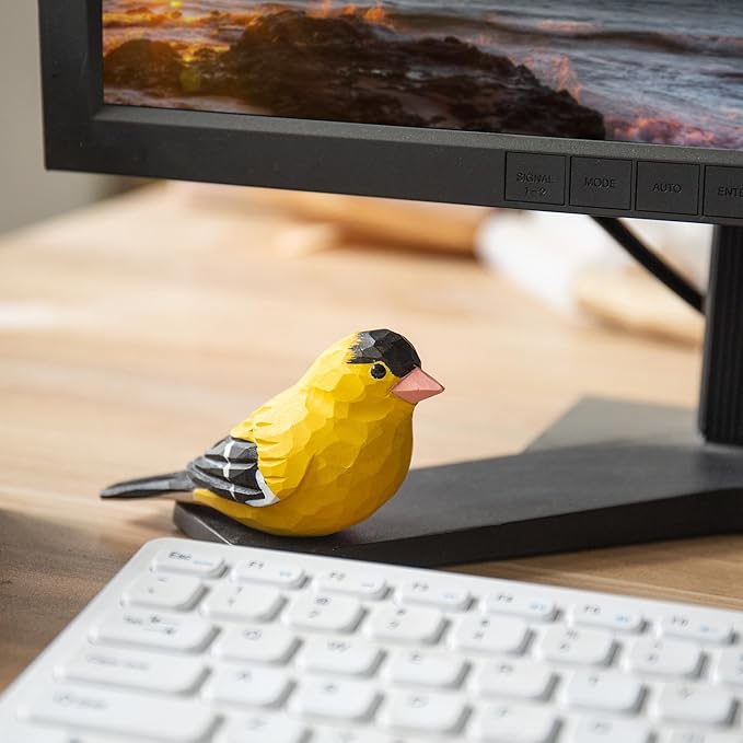 Handmade Wooden Goldfinch Figurine – Yellowbird Home Decor, Cute Wild Canary Knick-Knack for Bird Lovers, Unique Gift for Women, Mom, Friends – Rustic Nature Home Ornament