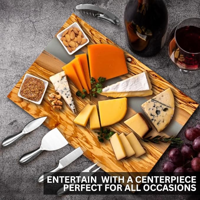 Handcrafted Italian Olive Wood Cheese & Charcuterie Board Set with Unique Gray Resin Artwork - Cutting Board Comes with 4 Cheese Knives, 2 Dipping Bowls & Corkscrew Wine Opener (Gray)