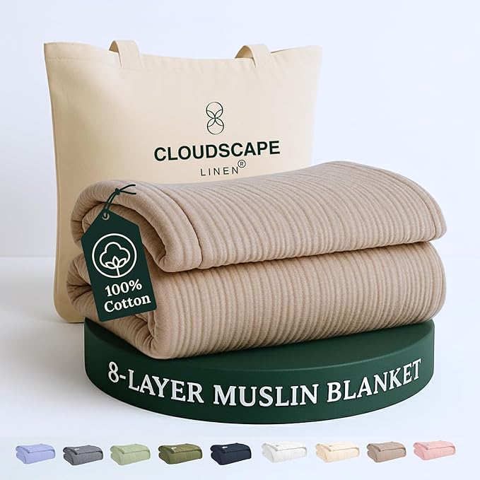 Cloud Scape Linen 100% Cotton 8 Layer Muslin Blanket Twin Size,Lightweight, Breathable Bed Blanket, Suitable for All Season, Cotton Gauze for Couch & Sofa, 68x92, Beige Fog