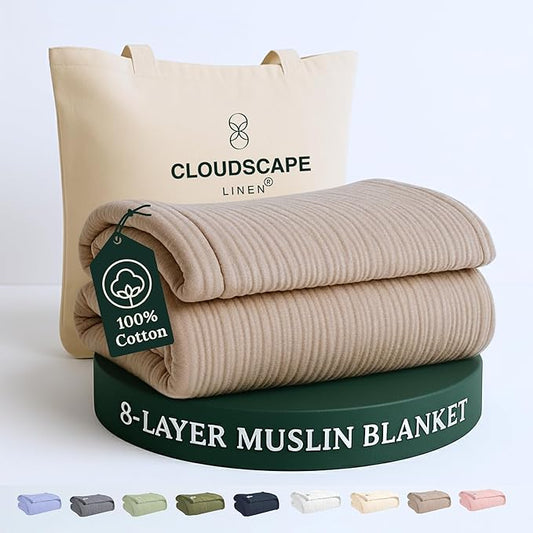 Cloud Scape Linen 100% Cotton 8 Layer Muslin Blanket Twin Size,Lightweight, Breathable Bed Blanket, Suitable for All Season, Cotton Gauze for Couch & Sofa, 68x92, Beige Fog
