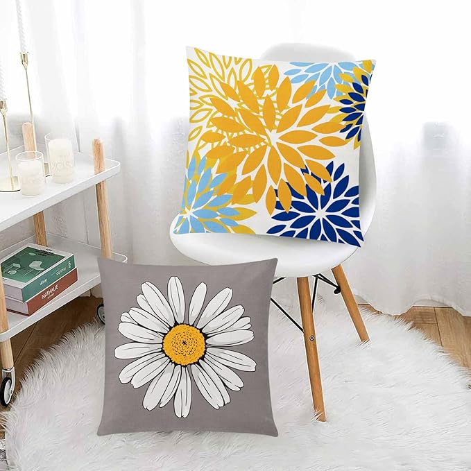 Yellow Blue Throw Pillow Covers 20x20 Set of 6, Daisy Dahlia Flower Pillow Cover, Decorative Square Cushion Cover, Farmhouse Pillowcase for Sofa Bedroom Living Room Farmhouse Home Decor