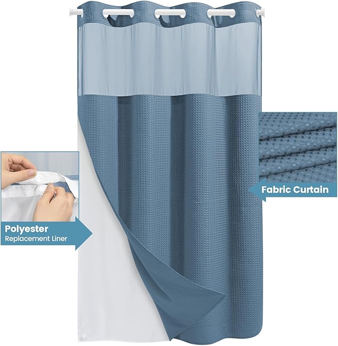 Moonlight Blue Stall No Hook Shower Curtain with Snap in Liner,230GSM Waffle Weave Shower Curtains for Bathroom,54W x 80H