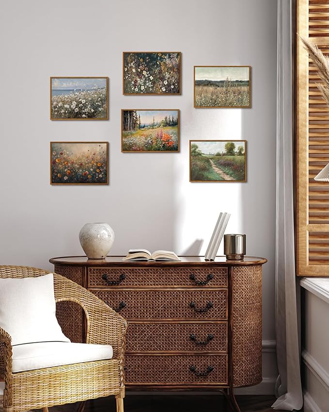 KISSFOX Vintage Floral Framed Wall Art Moody Wildflower Field Canvas Wall Art Neutral Farmhouse Serene Countryside Paintings Artwork Rustic Art Prints For Bedroom Living Room