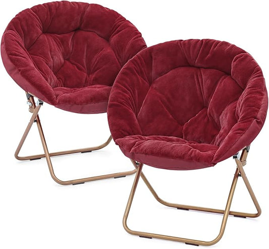 Magshion Saucer Chair for Adults, Comfy Living Room Lounge Chair for Bedroom Corner, Dorm, Apartment, Faux Fur Fluffy Circle Accent Seat with Thick Padded & Folding Metal Frame (Burgundy, Set of 2)