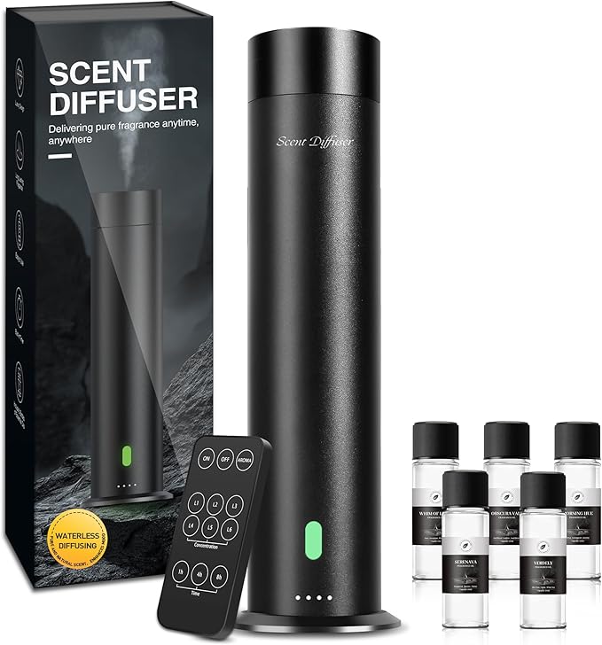 Waterless Scent Diffuser Starter Kit - 800 Sq Ft Coverage, Hotel Scent Diffuser, Essential Oil Diffuser Large Room, Included 5 Scent Oils, Remote Control, Black, 11.20In