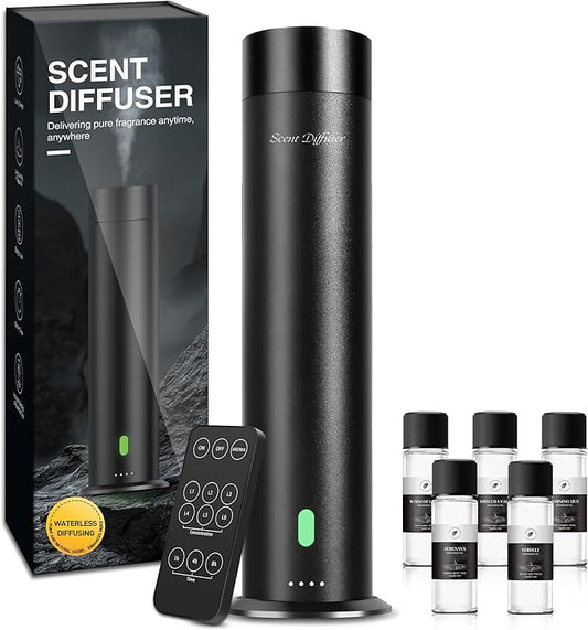 Waterless Scent Diffuser Starter Kit - 800 Sq Ft Coverage, Hotel Scent Diffuser, Essential Oil Diffuser Large Room, Included 5 Scent Oils, Remote Control, Black, 11.20In