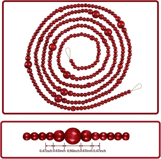 12 Feet Christmas Wooden Beads Garland Round Craft Farmhouse Vintage Wood Bead Garlands for Xmas Decoration Supplies(Dark Red)