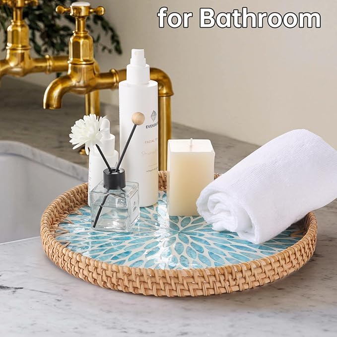 Round Rattan Tray with Mother of Pearl Inlay, Rattan Serving Tray for Coffee, Bread, Fruits, Decorative Wicker Tray for Table Decor, Home Decor, Kitchen Island Decor (Turquoise Leaf, 11.8")