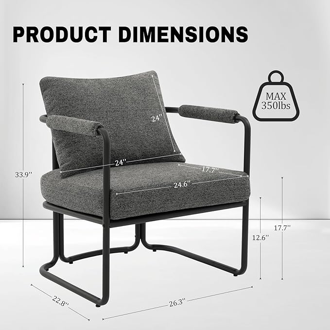 Mid-Century Modern Accent Chair, Comfy Upholstered Lounge Arm Chair with Chenille Fabric for Living Room, Bedroom, Apartment, Reading Corner, Office, Dark Grey